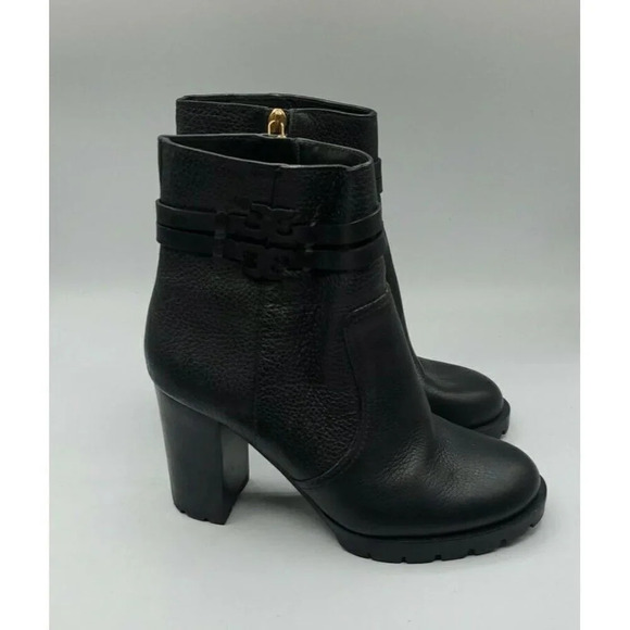 Tory Burch Leigh Black Leather Lug Sole With Logo Boots River Rock SZ 7.5   NWOB - Picture 8 of 13